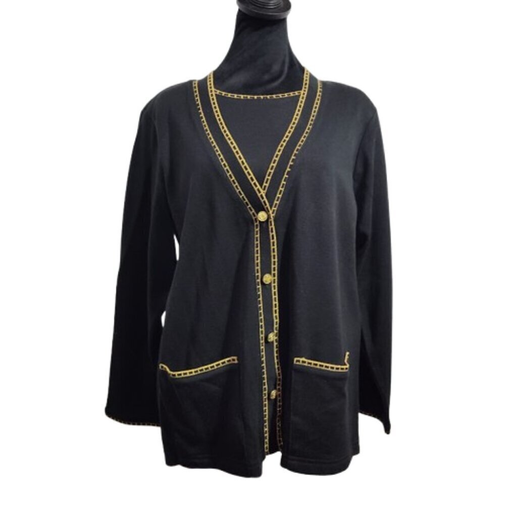 Cathy Daniels Long Sleeve Black W/Gold Trim Medium Blouse with Shoulder Pads NWT - Picture 2 of 10